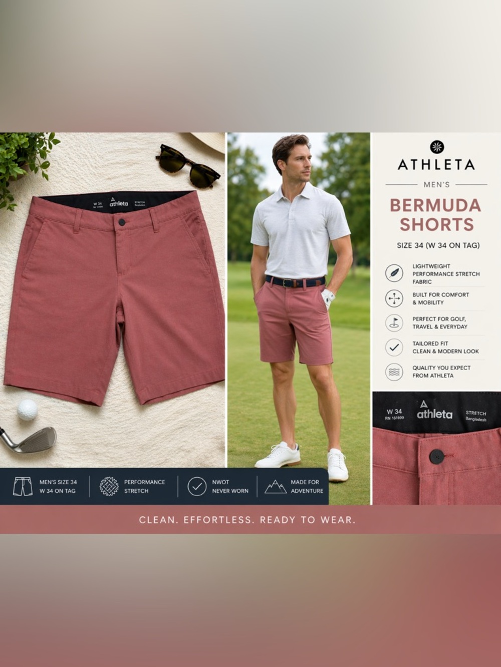 Athleta Men’s Dusty Rose Bermuda Shorts Sz 34 NWOT Performance Stretch Golf
